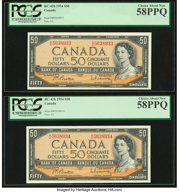 Canada Bank of Canada $50 1954 BC-42b Two Consecutive Examples PCGS Choice About...