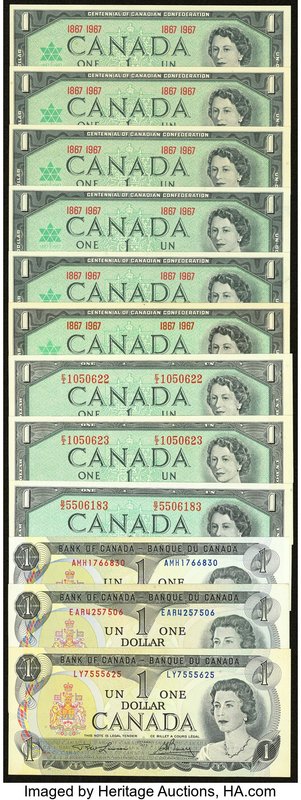 An Assortment of Twelve $1 Notes and Four $5 Notes from Canada. Choice About Unc...