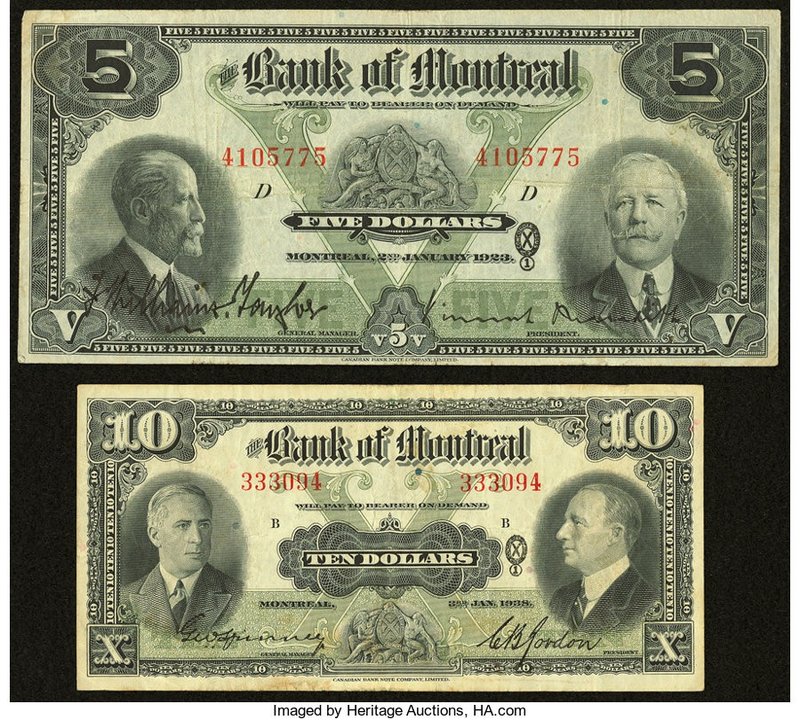 Canada Montreal, PQ- Bank of Montreal $5 Jan. 2, 1923 Ch. # 505-56-02; $10 Jan. ...