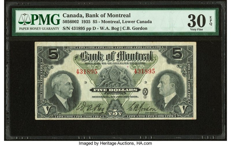 Canada Montreal, PQ- Bank of Montreal $5 2.1.1935 Ch.# 505-60-02 PMG Very Fine 3...