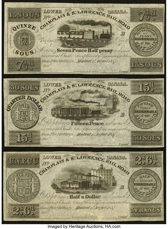 Canada Champlain & St. Lawrence Rail Road 7-1/2 Pence / 15 Sous; 15 Pence / 30 S...