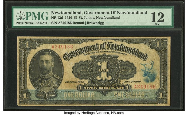 Canada St. John's- NF Government of Newfoundland $1 2.1.1920 NF-12d PMG Fine 12....