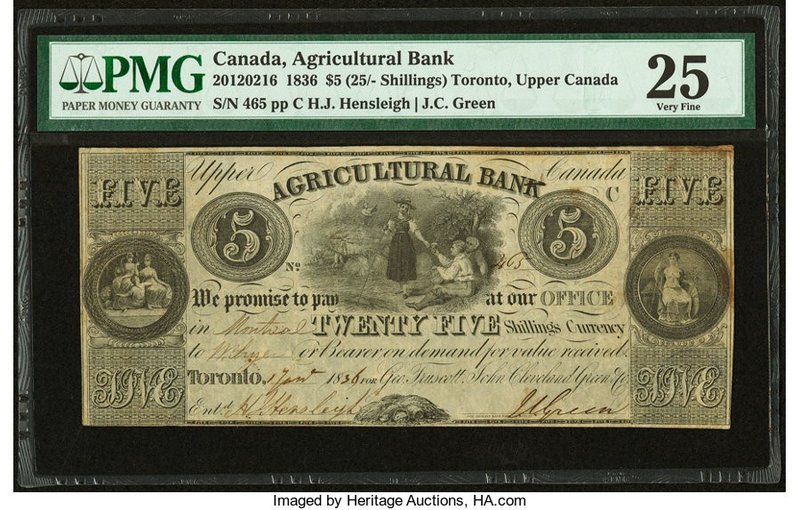Canada Toronto, UC- Agricultural Bank $5 1.1.1836 Ch.# 20-12-02-16 PMG Very Fine...