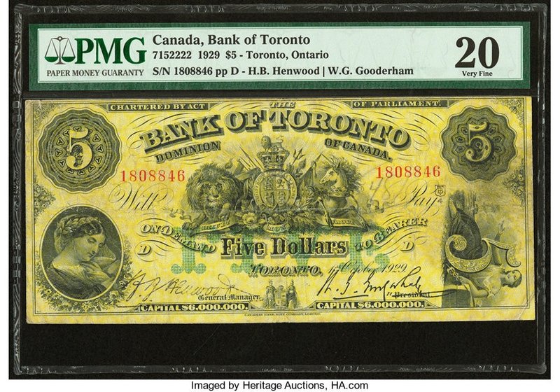 Canada Toronto, ON- Bank of Toronto $5 1.10.1929 Ch.# 715-22-22 PMG Very Fine 20...