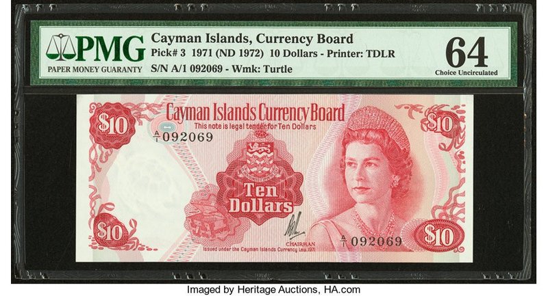 Cayman Islands Currency Board 10 Dollars 1971 (ND 1972) Pick 3 PMG Choice Uncirc...