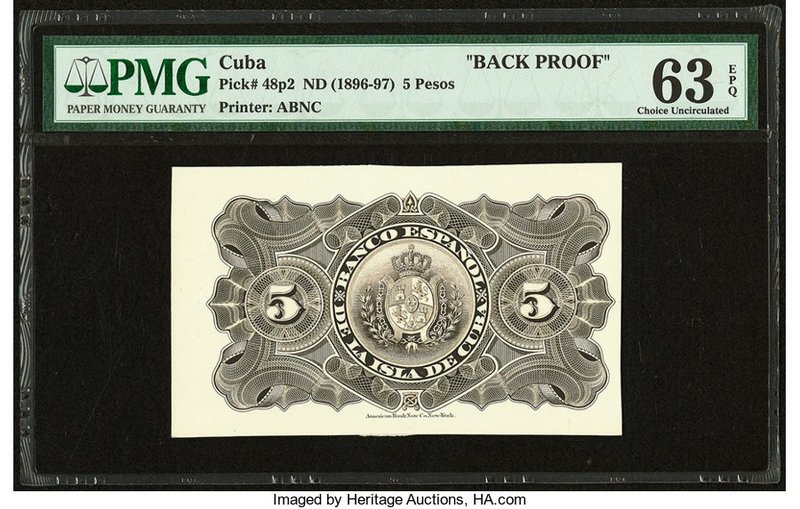 Cuba Banco Espanol De La Isla De Cuba 5 Pesos ND (1896-97) Pick 48p2 Back Proof ...