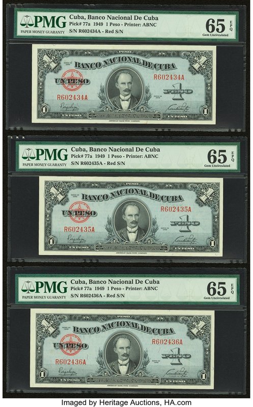 Cuba Banco Nacional de Cuba 1 Peso 1949 Pick 77a Three Consecutive Examples PMG ...