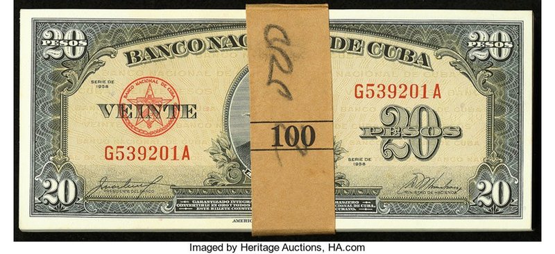 Cuba Banco Nacional de Cuba 20 Pesos 1958 Pick 80b Pack of 100 Consecutive Examp...