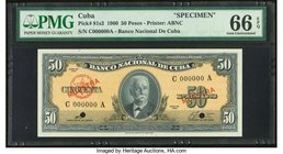 Cuba Banco Nacional de Cuba 50 Pesos 1960 Pick 81s3 Specimen PMG Gem Uncirculated 66 EPQ. Muestra overprint with two POCs.

HID09801242017