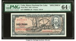 Cuba Banco Nacional de Cuba 10 Pesos 1958 Pick 88s2 Specimen PMG Choice Uncirculated 64 EPQ. Perforated "Specimen" with prefix G.

HID09801242017
