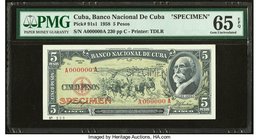 Cuba Banco Nacional de Cuba 5 Pesos 1958 Pick 91s1 Specimen PMG Gem Uncirculated 65 EPQ. Perforated "Specimen" with prefix A.

HID09801242017