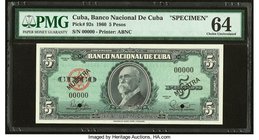 Cuba Banco Nacional de Cuba 5 Pesos 1960 Pick 92s Specimen PMG Choice Uncirculated 64. Muestra overprint variety with two POCs.

HID09801242017