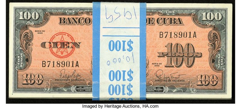 Cuba Banco Nacional de Cuba 100 Pesos 1959 Pick 93a Pack of 98 Examples Crisp Un...