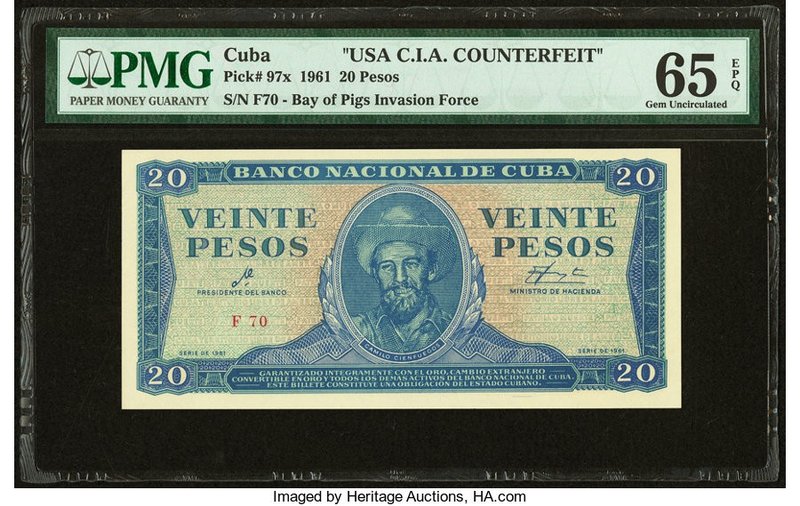Cuba Banco Nacional de Cuba 20 Pesos 1961 Pick 97x C.I.A. Counterfeit PMG Gem Un...