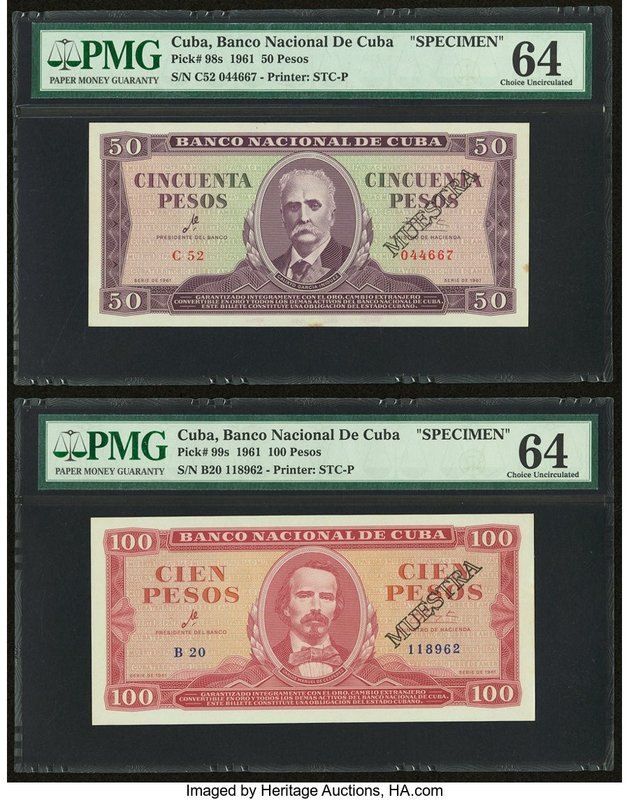 Cuba Banco Nacional de Cuba 50; 100 Pesos 1961 Pick 98s; 99S Two Specimens PMG C...