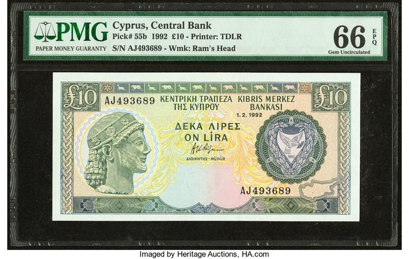 Cyprus Central Bank of Cyprus 10 Pounds 1.2.1992 Pick 55b PMG Gem Uncirculated 6...