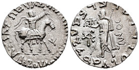 Indoescitas. Azes II. Tetradracma. 35-5 a.C. (Mitchiner-750). Anv.: Guerrero a caballo a derecha, alrededor leyenda. Rev.: Figura en pie a izquierda, ...