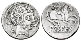 Arsaos. Denario. 120-80 a.C. Zona de Navarra. (Abh-139). (Acip-1635 variante). Anv.: Cabeza barbada a derecha con peinado de rizos en espiral en tres ...