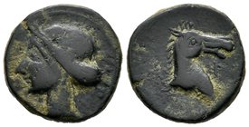 Cartagonova. Calco. 220-215 a.C. Cartagena (Murcia). (Abh-511). Anv.: Cabeza de Tanit a izquierda. Rev.: Cabeza de caballo a derecha, delante letra fe...