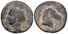 Cartagonova. Calco. 220-215 a.C. Cartagena (Murcia). (Abh-511). (Acip-579). (C-39). Rev.: Cabeza de caballo a derecha, delante letra "bet". Ae. 7,62 g...