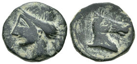 Cartagonova. Calco. 220-210 a.C. Cartagena (Murcia). (Abh-515). (Acip-585). (C-45). Rev.: Cabeza de caballo a derecha con letra fenicia "alef". Ae. 8,...