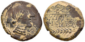 Obulco. As. 220-20 a.C. Porcuna (Jaén). (Acip-2201 variante). (Abh-1791). Anv.: Cabeza femenina a derecha, delante OBVLCO. Rev.: Arado a izquierda, de...
