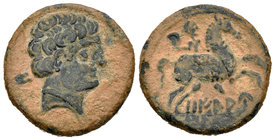 Oilaunikos. As. 120-20 a.C. Zona norte del Ebro. (Acip-1801). (C-6). (Abh-1868). Anv.: Cabeza masculina a derecha, detrás O. Rev.:  Jinete con gancho ...