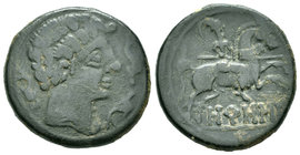 Orosis. As. 120-20 a.C. Zona media del Ebro. (Abh-1907). (Acip-1510). Anv.:  Cabeza masculina a derecha rodeada de tres delfines. Rev.:  Jinete con la...