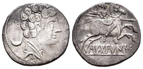 Sekobirikes. Denario. 120-30 d.C. Saelices (Cuenca). (Abh-2168). (Acip-1869). Anv.: Cabeza masculina a derecha, detrás creciente, debajo letra ibérica...