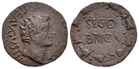 Segobriga. Semis. 120-30 a.C. Saelices (Cuenca). (Acip-3245). (Abh-2190). Anv.: Cabeza desnuda de Tiberio a derecha, alrededor TI (CAESAR DIVI) AVG F ...