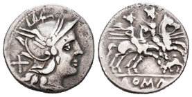 Anónima. Denario. 206-195 a.C. Roma. (Ffc-61). (Craw-116-1a). (C-31). Anv.:  Cabeza de Roma a derecha, detrás X. Rev.: Los Dióscuros a caballo a derec...