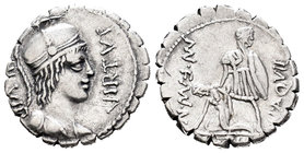 Aquillia. Denario. 71 a.C. Incierta. (Ffc-167). (Craw-401/1). (Cal-230). Anv.: Busto de la Virtud a la derecha, denario dentellado, detrás III VIR, de...