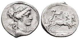 Carisia. Denario. 46 a.C. Roma. (Ffc-537). (Cal-377 variante). Anv.: Busto alado y diademado de la Victoria a derecha. Rev.: Victoria con corona, en b...