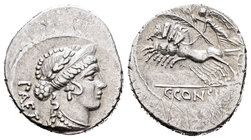 Considia. Denario. 46 a.C. Roma. (Ffc-589). (Craw-465/3). (Cal-456). Anv.: Cabeza diademada y laureada de Venus Erycina a derecha, detrás PAET(I). Rev...
