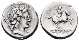 Crepusia. Denario. 82 a.C. Roma. (Ffc-659). (Craw-361/1b). (Cal-524). Anv.: Cabeza laureada de Apolo a derecha, detrás cetro, delante letra. Rev.: Jin...
