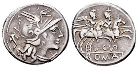 Cupiennia. Denario. 147 a.C. Roma. (Ffc-665). (Craw-218/1). (Cal-530). Anv.: Cabeza de Roma a derecha, delante X, detrás cuerno de la abundancia. Rev....