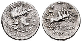 Curtia. Denario. 116-115 a.C. Norte de Italia. (Ffc-670). (Cal-535). Anv.: Cabeza de Roma a derecha, delante Q CVRT y detrás X. Rev.: Júpiter con cetr...