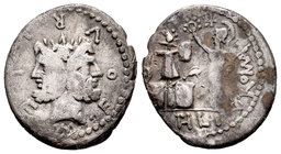 Furia. Denario. 119 a.C. Italia Central. (Ffc-730). (Craw-281/1). (Cal-600). Anv.: Cabeza de Jano bifonte, alrededor M FOVRI L F. Rev.: Roma de pie a ...