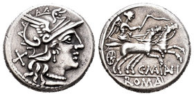 Maiania. Denario. 153 a.C. Roma. (Ffc-832). (Craw-203/1a). (Cal-917). Anv.: Cabeza de Roma a derecha, detrás X. Rev.: Victoria con látigo en biga a de...