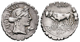 Maria. Denario. 81 a.C. Taller Auxiliar de Roma. (Ffc-901). (Craw-378-1c). (Cal-968). Anv.: Cabeza de Ceres con láurea de espigas a derecha, encima II...