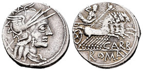 Papiria. Denario. 122 a.C. Taller Auxiliar de Roma. (Ffc-958). (Craw-279/1). (Cal-1062). Anv.:  Cabeza de Roma a derecha, detrás X. Rev.: Júpiter con ...