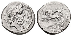 Plautia. Denario. 60 a.C. Roma. (Ffc-995). (Craw-420 ab). (Cal-1125). Anv.: Cabeza de Neptuno a derecha, detrás tridente, delante P YPSAE S C. Rev.: J...