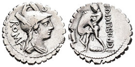 Poblicia. Denario. 80 a.C. Taller Auxiliar de Roma. (Ffc-1017). (Cal-1145). Anv.:  Cabeza de Roma a derecha, encima letra, detrás ROMA. Rev.: Hércules...