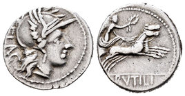 Rutilia. Denario. 77 a.C. Roma. (Ffc-1095). (Craw-387/1). (Cal-1237). Anv.: Cabeza de Roma a derecha, detrás FLAC. Rev.:  Victoria con corona en biga ...