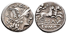 Saufeia. Denario. 152 a.C. Roma. (Ffc-1099). (Craw-204/1). (Cal-1245). Anv.: Cabeza de Roma, detrás X. Rev.: Victoria con látigo en biga a derecha, de...