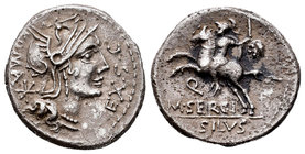 Sergia. Denario. 116-115 a.C. Norte de Italia. (Ffc-1111). (Craw-286-1). (Cal-1271). Anv.: Cabeza de Roma a derecha, delante EX SC, detrás ROMA X. Rev...