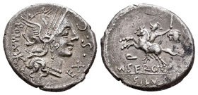 Sergia. Denario. 116-115 a.C. Norte de Italia. (Ffc-1111). (Craw-286/1). (Cal-1271). Anv.: Cabeza de Roma a derecha, delante EX SC, detrás ROMA X. Rev...