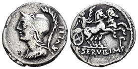 Servilia. Denario. 100 a.C. Norte de Italia. (Ffc-1118). (Craw-328/1). (Cal-1277). Anv.: Cabeza de Minerva a izquierda, detrás RVLLI. Rev.: Victoria c...