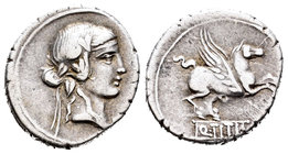Titia. Denario. 90 a.C. Italia Central. (Ffc-1143). (Craw-341/2). (Cal-1302). Anv.: Cabeza de Baco a derecha. Rev.: Pegaso a derecha, debajo Q TITI. A...