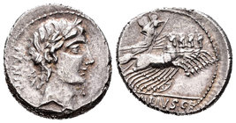 Vibia. Denario. 90 a.C. Taller Auxiliar de Roma. (Ffc-1187). (Cal-342/5b). (Cal-1345). Anv.: Cabeza laureada de Apolo a derecha, debajo de la barbilla...